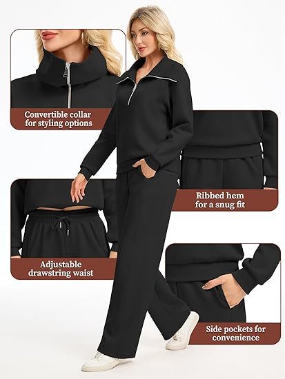 2025 New Women's Two-Piece Casual Set: Collared Half-Zip Sweatshirt paired with wide-leg pants, perfect for casual travel and vacation wear.