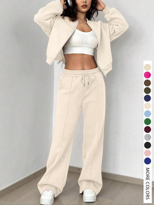Two-piece Set Women's Solid Zip Up Drop Shoulder Jacket