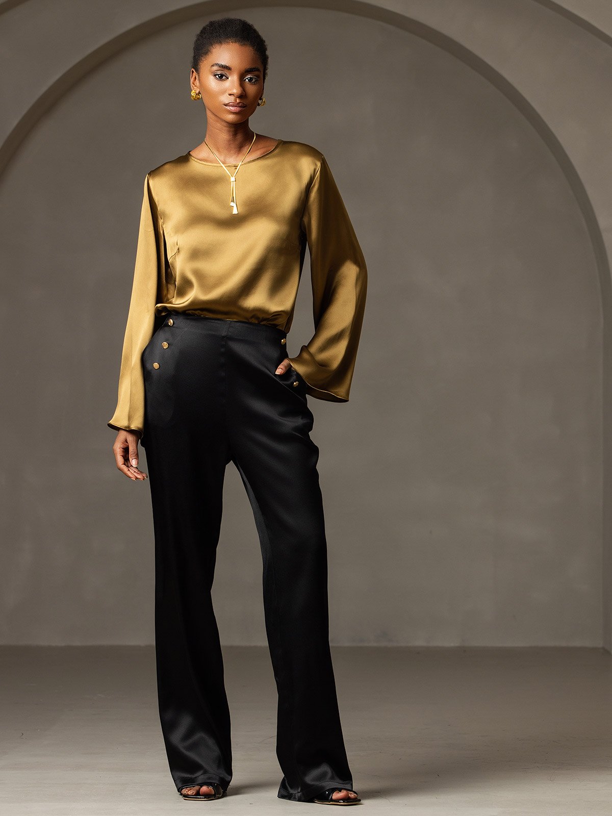 Women's Silk High Waist Pants with Back Elastic Waist Design
