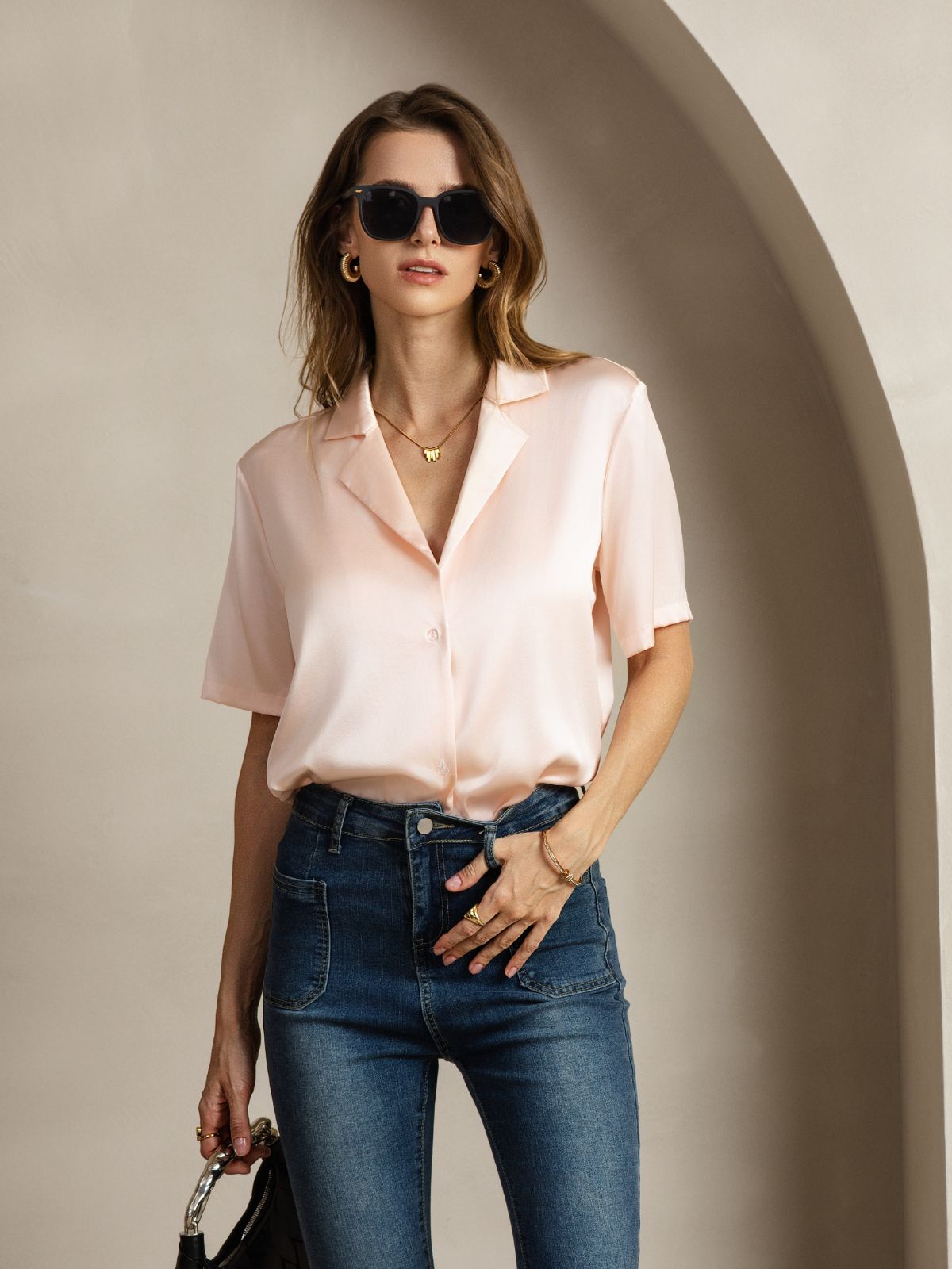 Silk Short Sleeve Notched Lapel Women's Shirt with Button Up Design