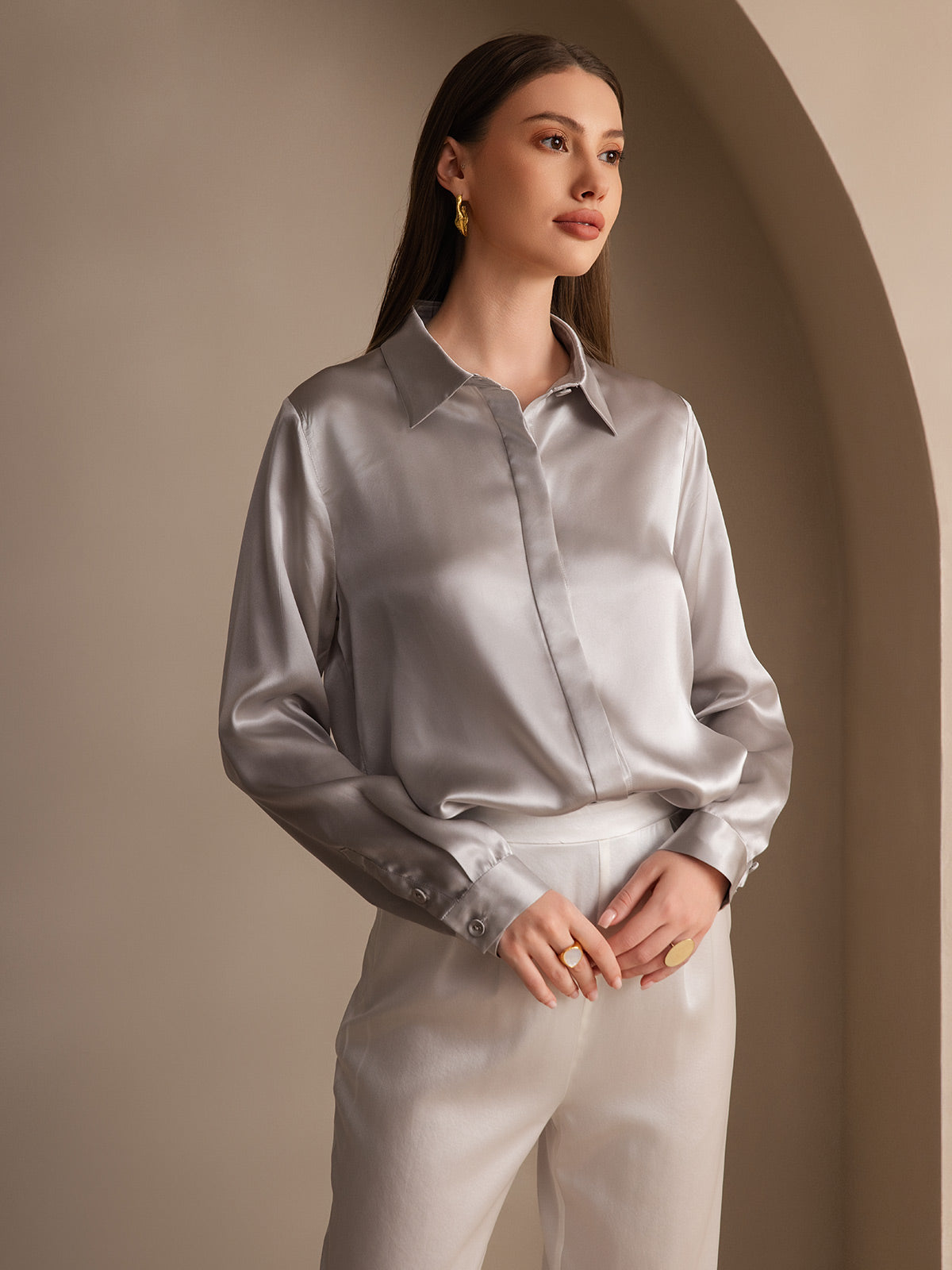 Silk Long Sleeve Lapel Collar Women's Shirt
