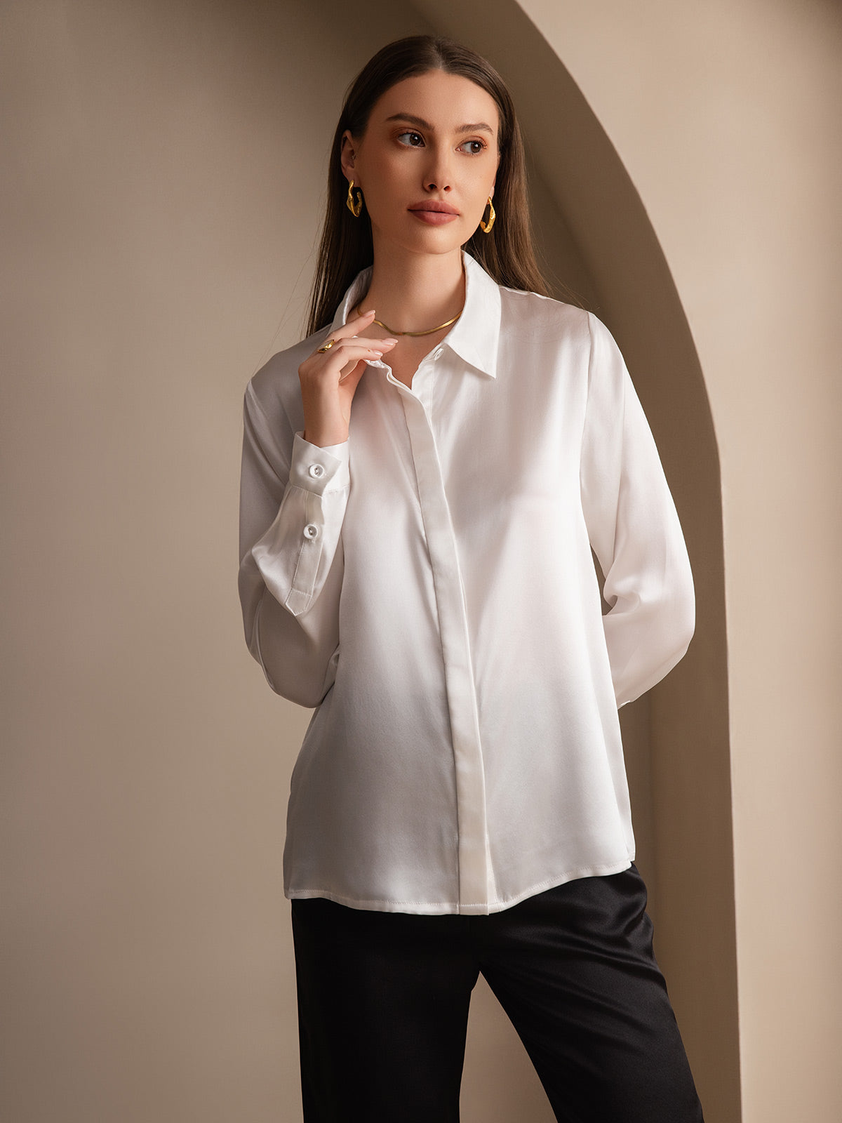 Silk Long Sleeve Lapel Collar Women's Shirt