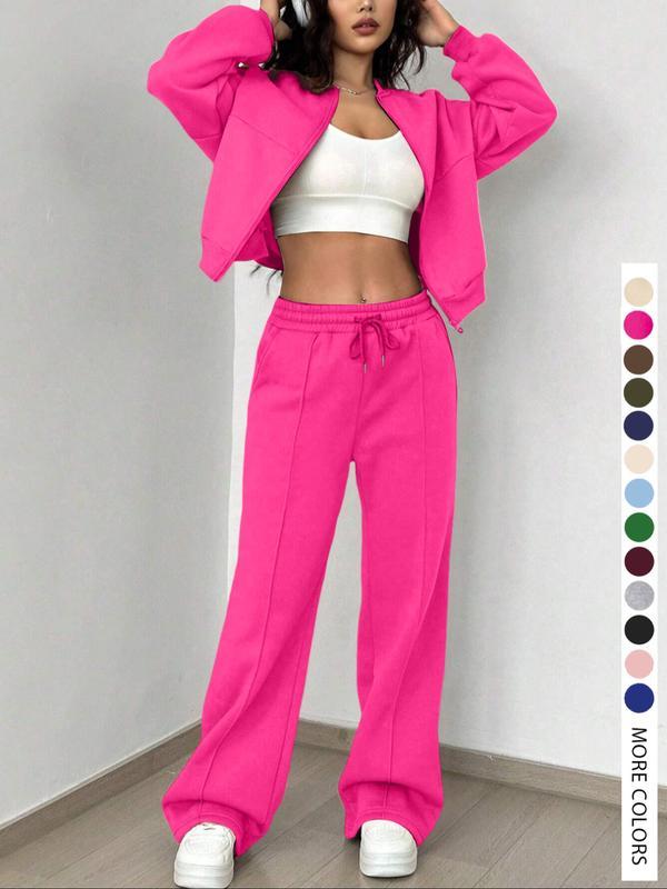 Two-piece Set Women's Solid Zip Up Drop Shoulder Jacket
