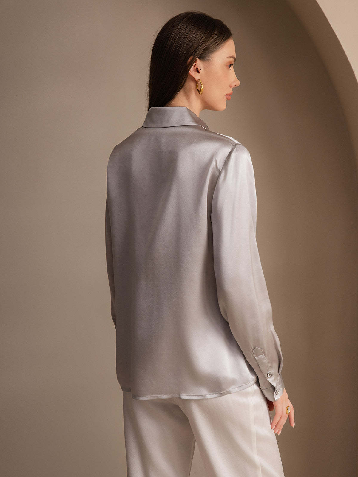 Silk Long Sleeve Lapel Collar Women's Shirt