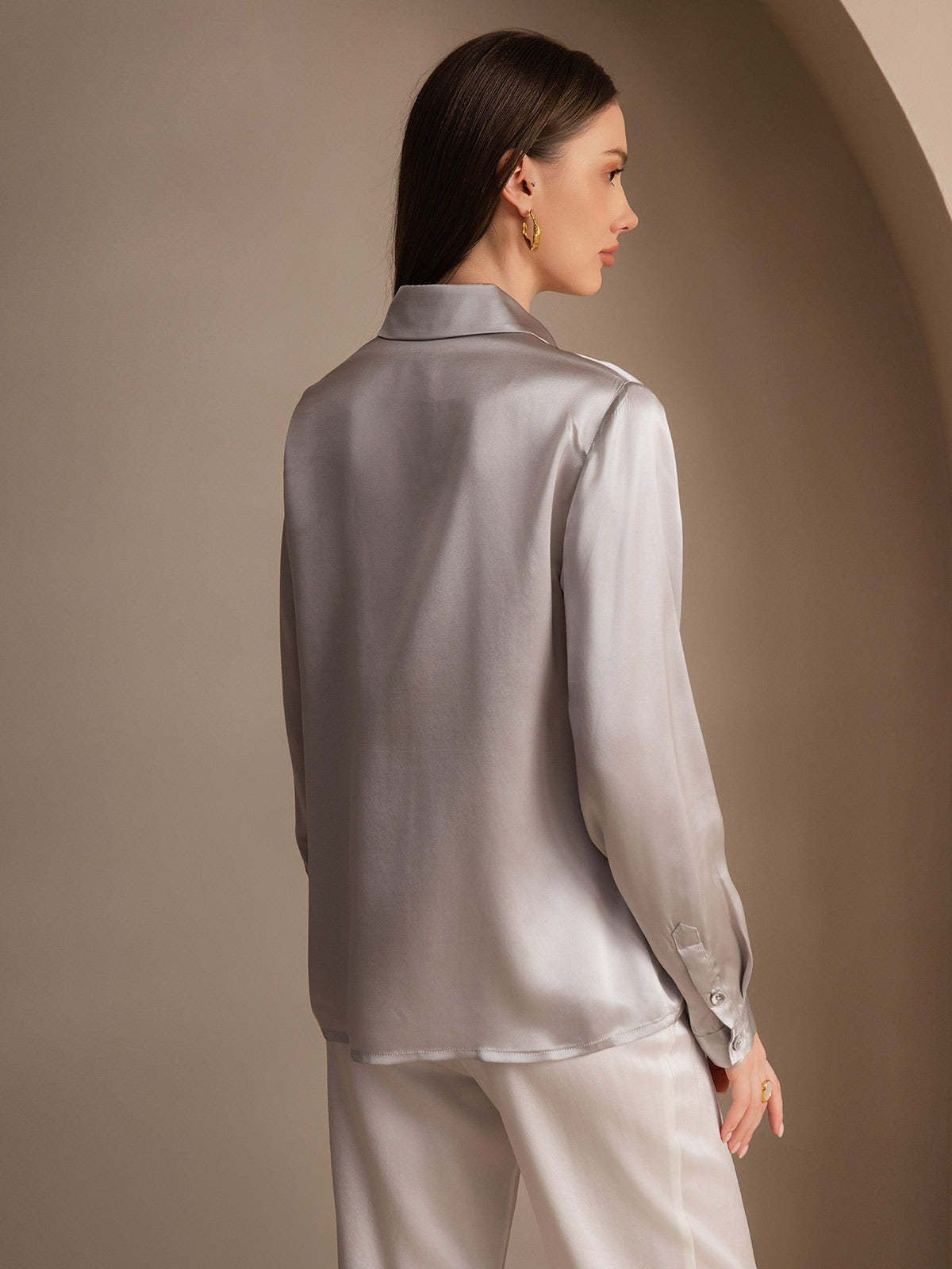 Silk Long Sleeve Lapel Collar Women's Shirt