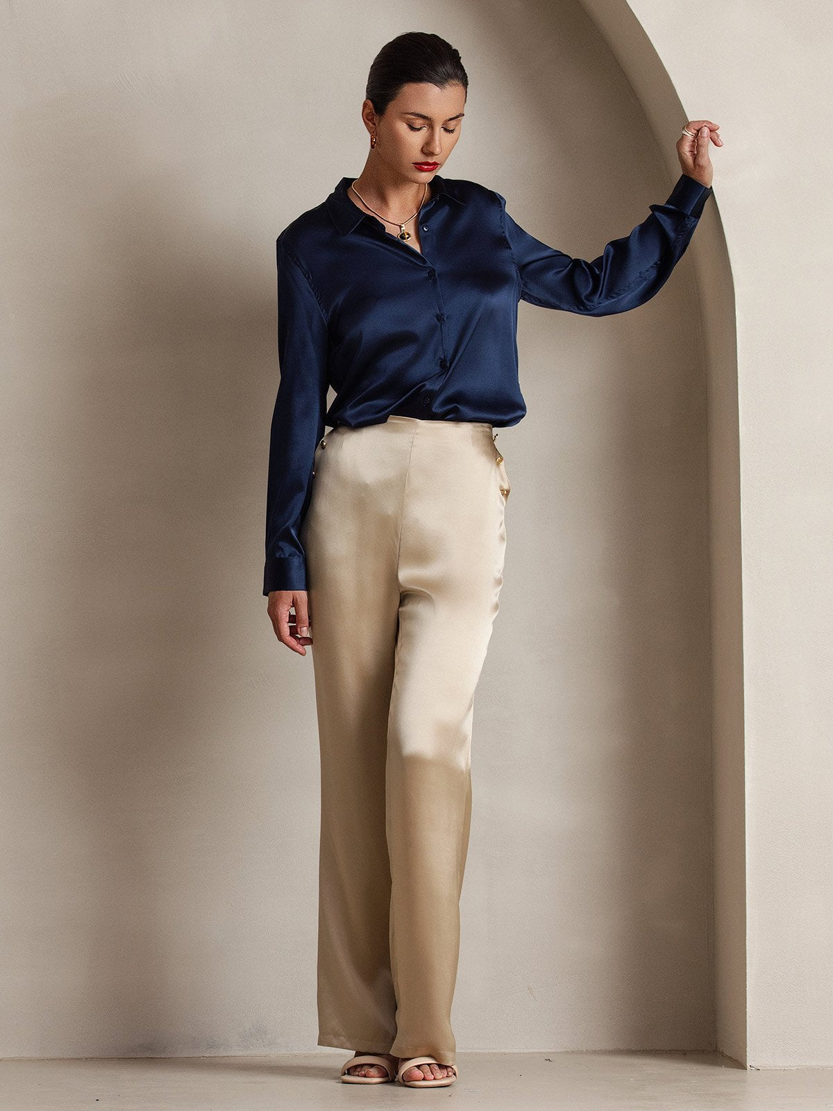 Women's Silk High Waist Pants with Back Elastic Waist Design