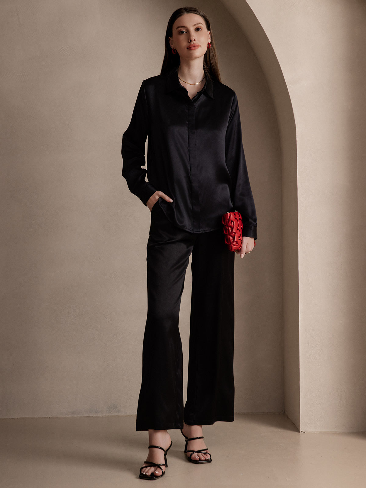 Silk Long Sleeve Lapel Collar Women's Shirt