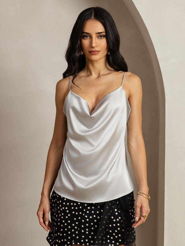 Silk Spaghetti Strap Cowl Neck Camisole Top