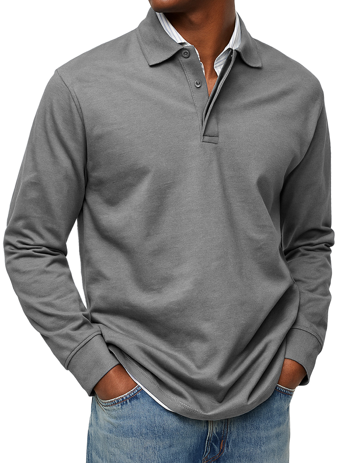 Men's Daily Double-layer Lapel Button-down Solid Color Long-sleeved Polo Shirt