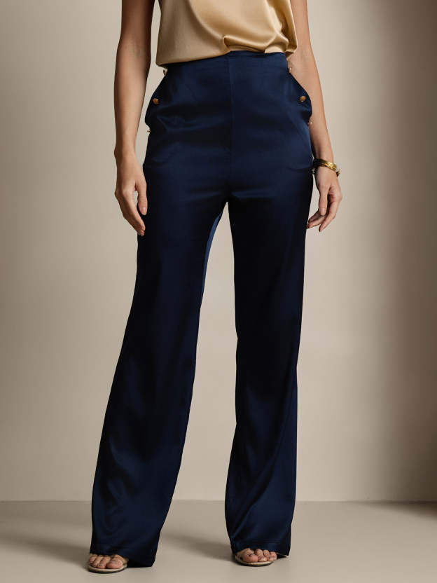 Women's Silk High Waist Pants with Back Elastic Waist Design