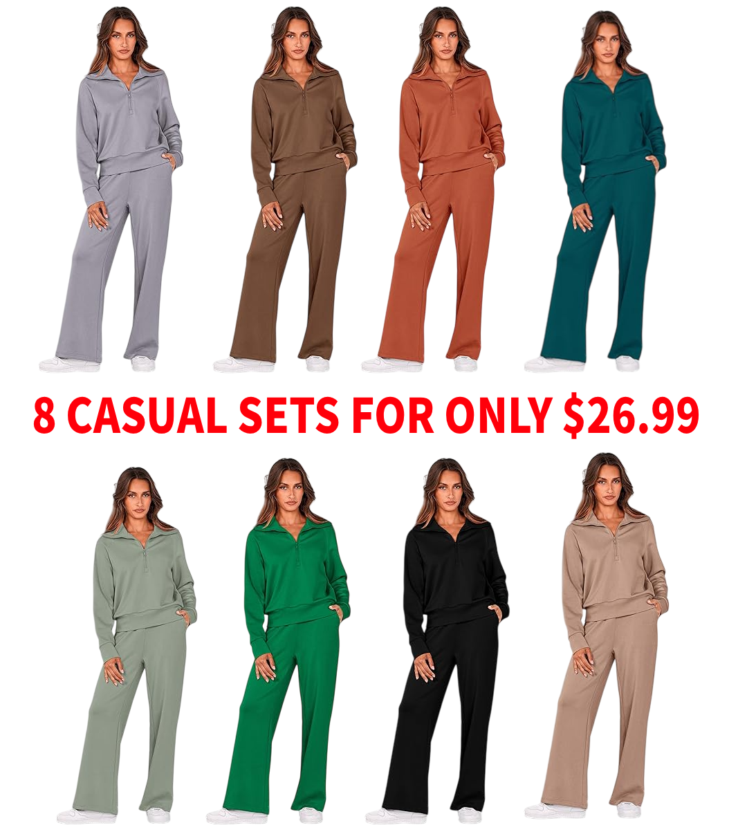 2025 New Women's Two-Piece Casual Set: Collared Half-Zip Sweatshirt paired with wide-leg pants, perfect for casual travel and vacation wear.