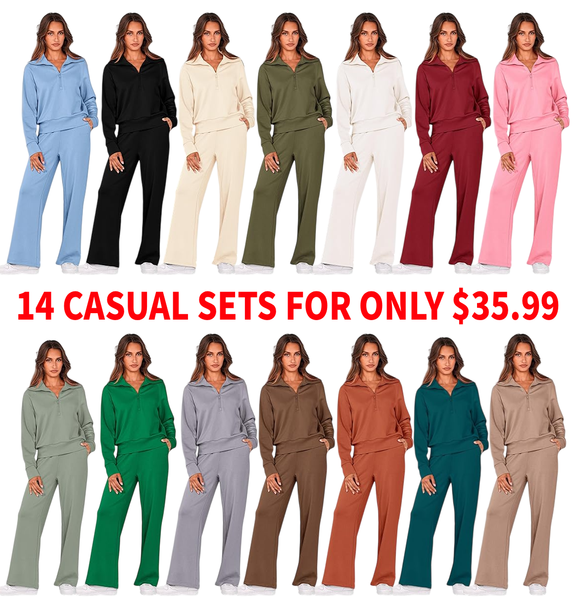 2025 New Women's Two-Piece Casual Set: Collared Half-Zip Sweatshirt paired with wide-leg pants, perfect for casual travel and vacation wear.