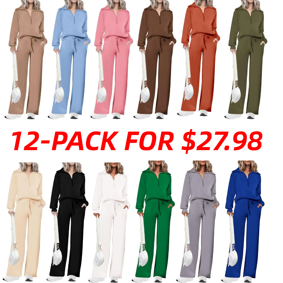 Women's 2 Piece Outfits Casual Lapel Half Zip Sweatshirts And Wide Leg Pants Tracksuit Sets
