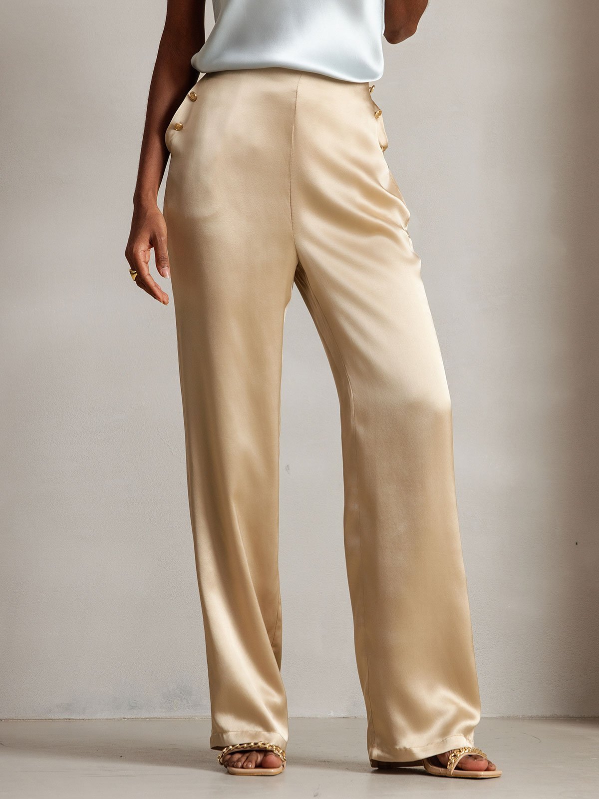Women's Silk High Waist Pants with Back Elastic Waist Design