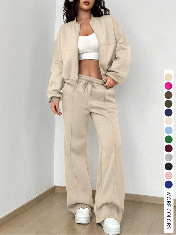 Two-piece Set Women's Solid Zip Up Drop Shoulder Jacket
