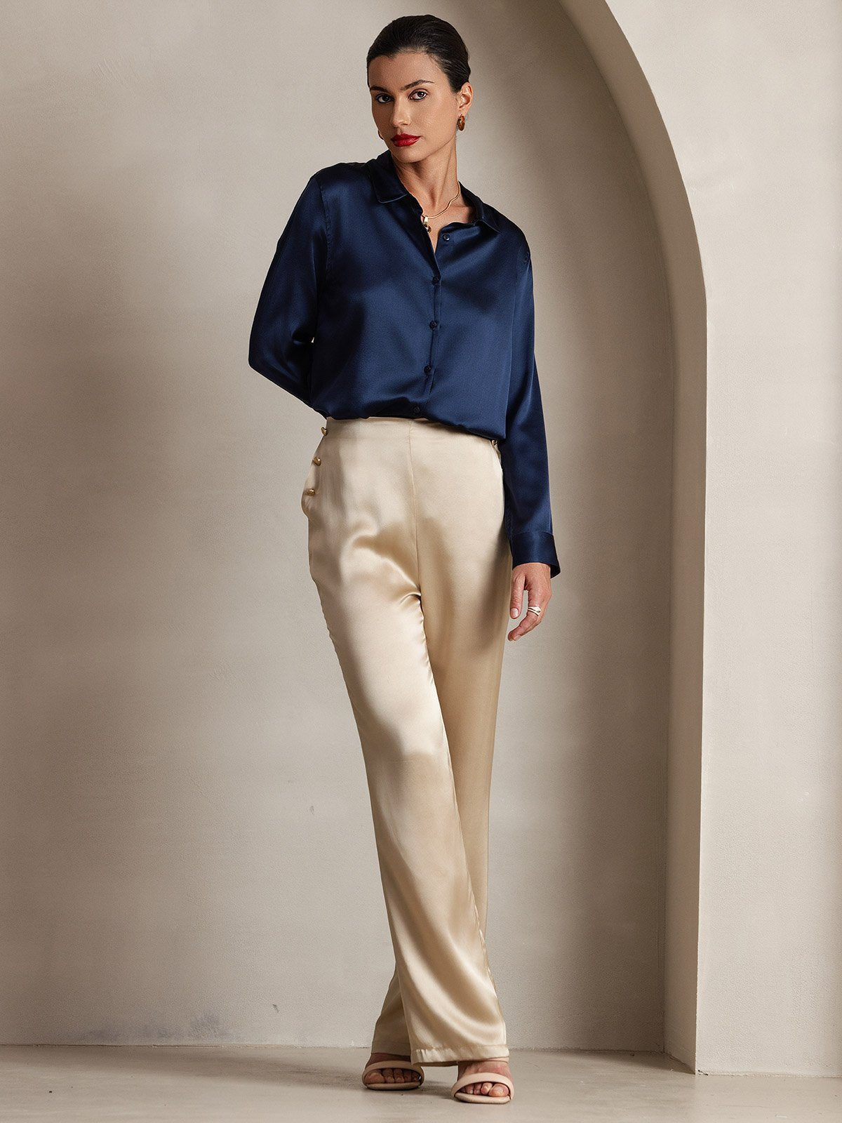 Women's Silk High Waist Pants with Back Elastic Waist Design