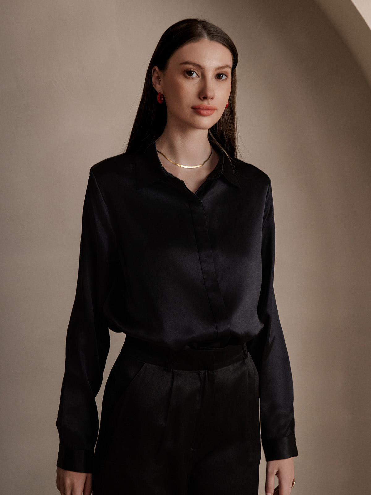 Silk Long Sleeve Lapel Collar Women's Shirt