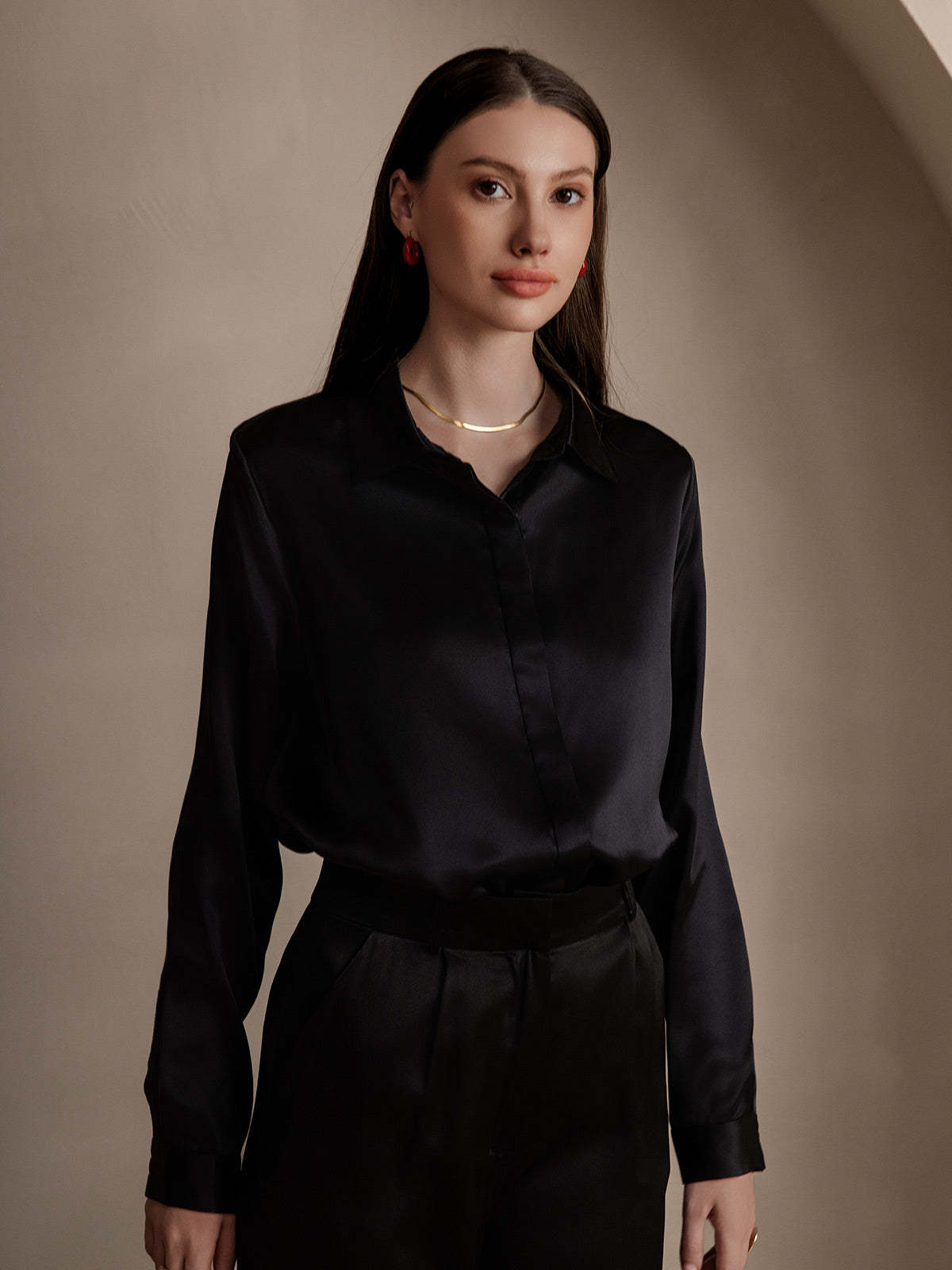 Silk Long Sleeve Lapel Collar Women's Shirt