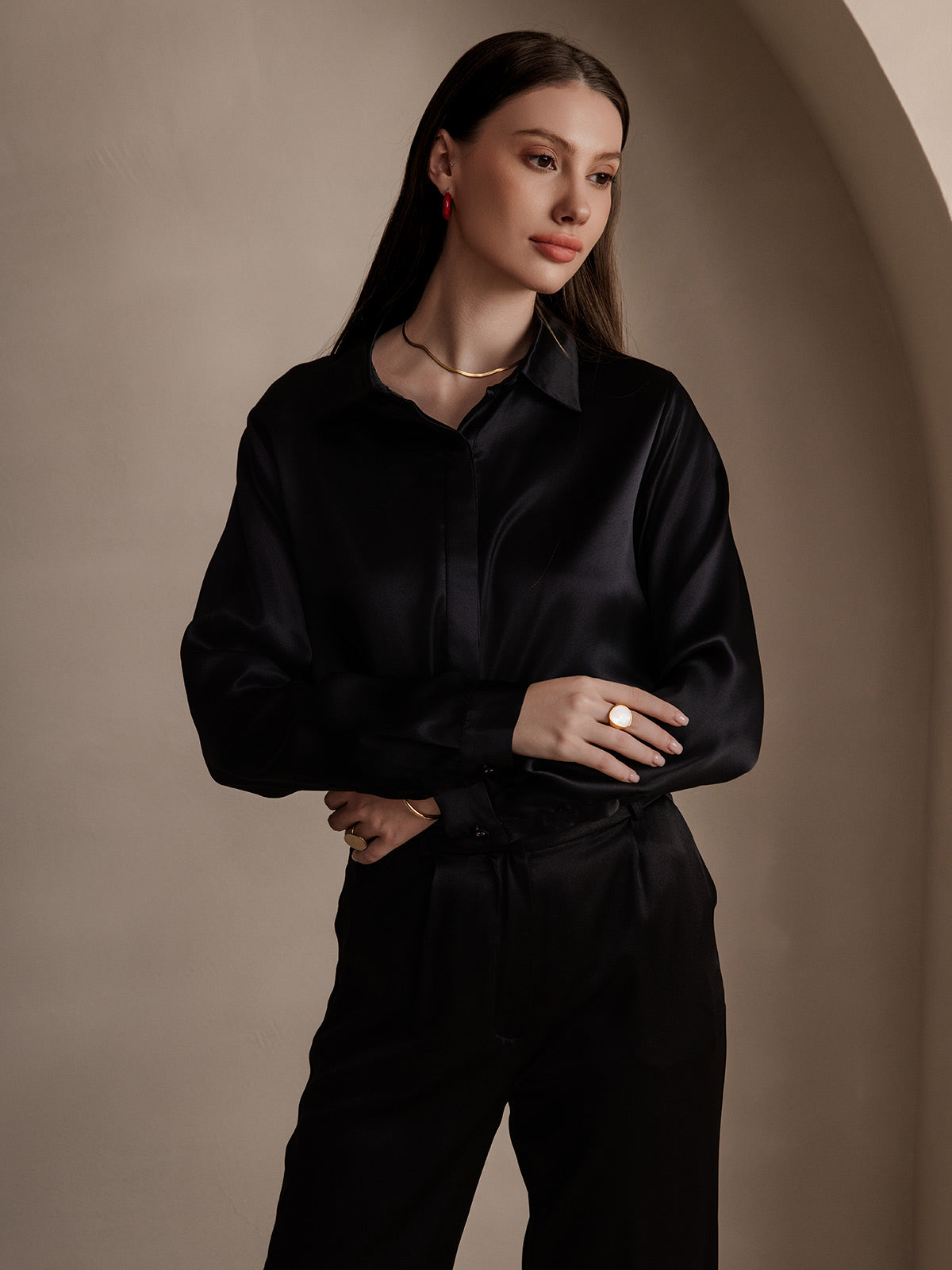 Silk Long Sleeve Lapel Collar Women's Shirt