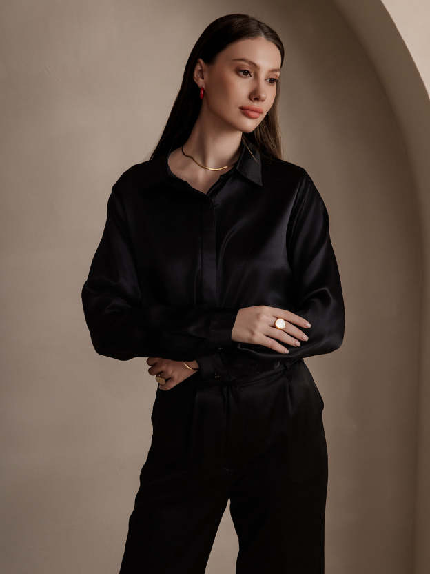 Silk Long Sleeve Lapel Collar Women's Shirt