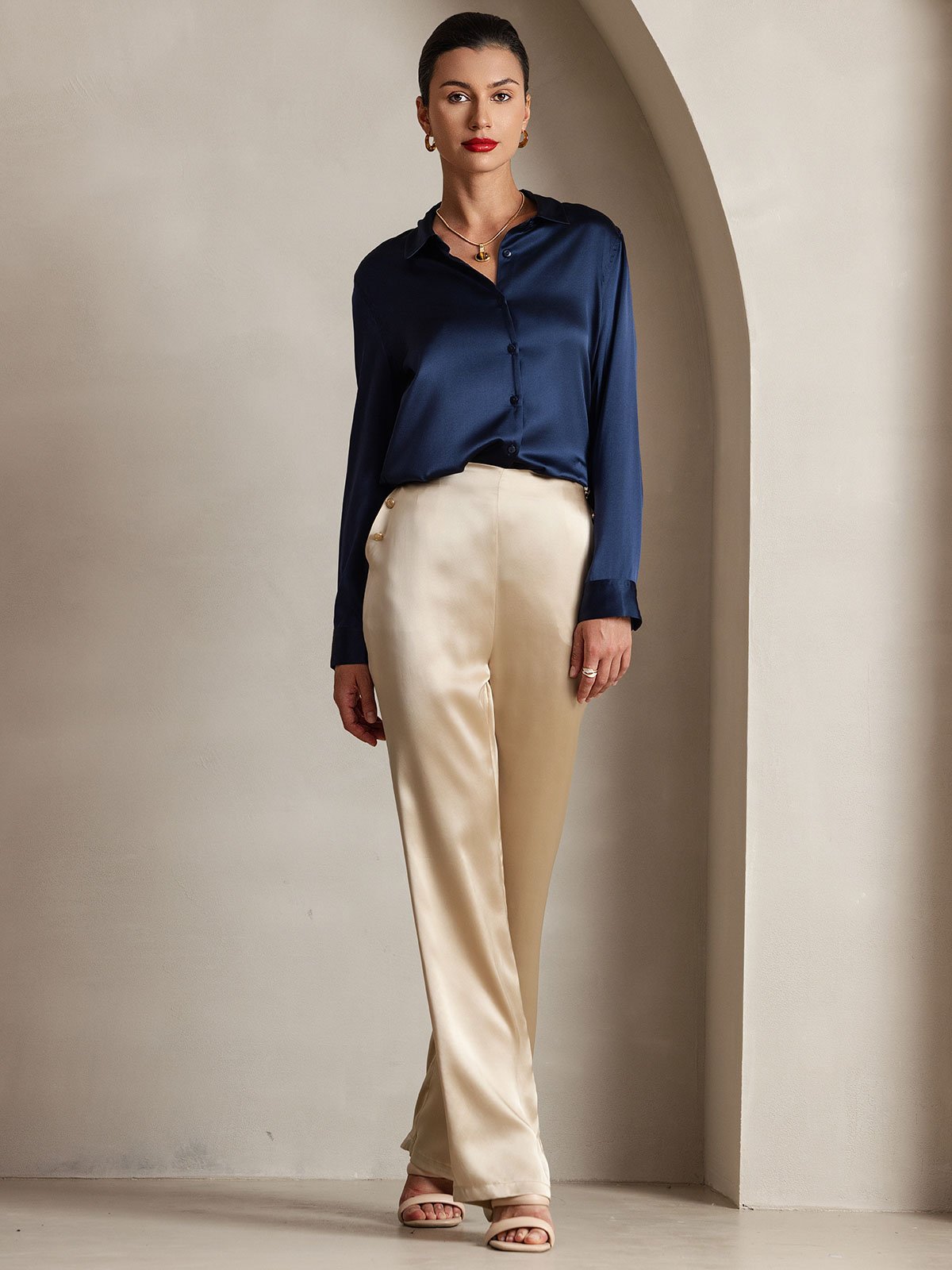 Women's Silk High Waist Pants with Back Elastic Waist Design