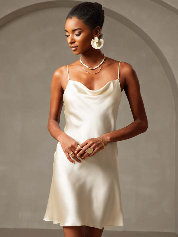Pure Silk Spaghetti Straps Cowl Neck Short Dress