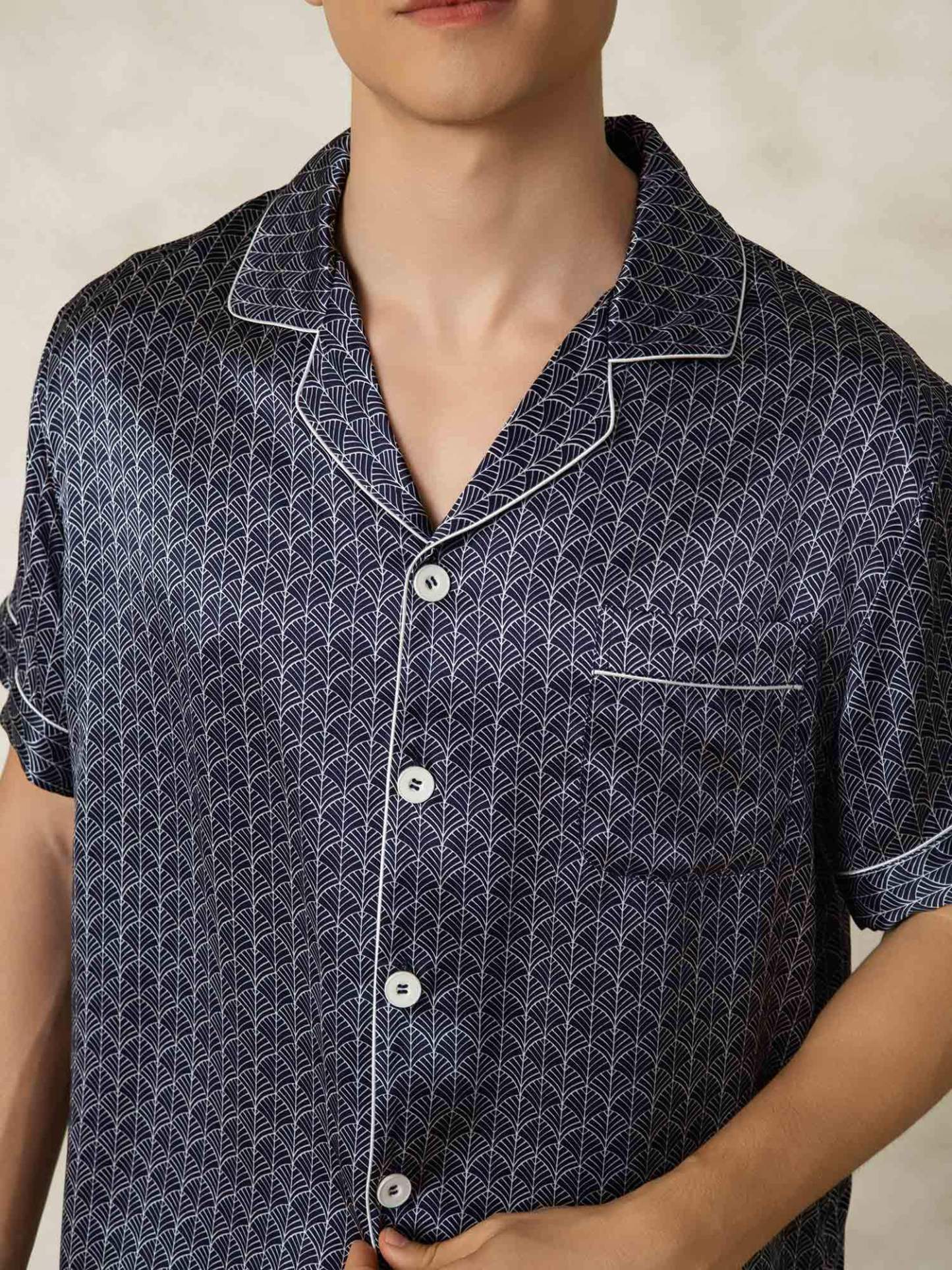 Pure Silk Geometric Pattern Men's Short Pajamas 2Pcs