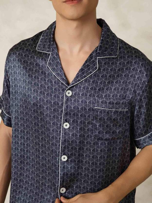 Pure Silk Geometric Pattern Men's Short Pajamas 2Pcs