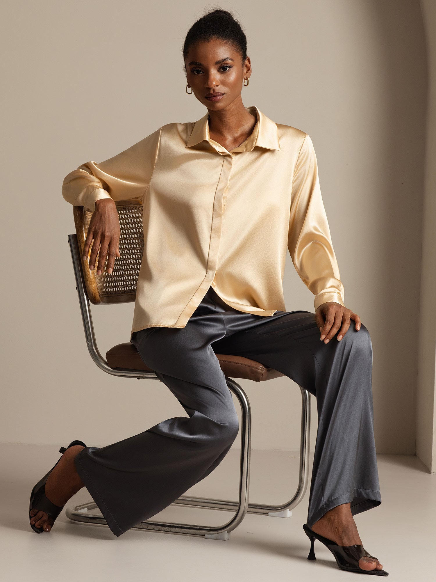 Silk Long Sleeve Lapel Collar Women's Shirt