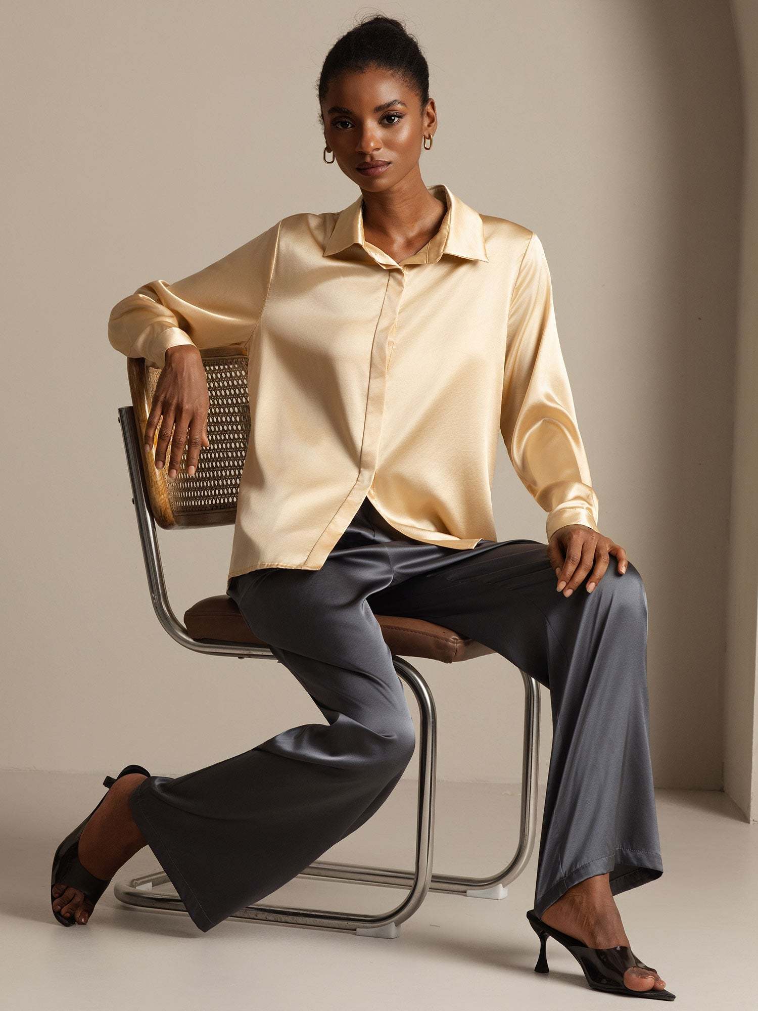 Silk Long Sleeve Lapel Collar Women's Shirt