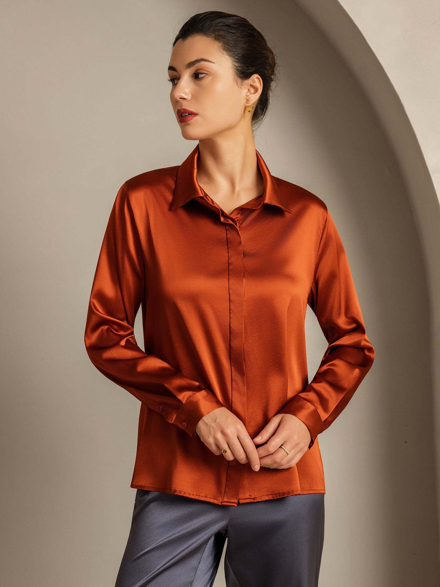 Silk Long Sleeve Lapel Collar Women's Shirt
