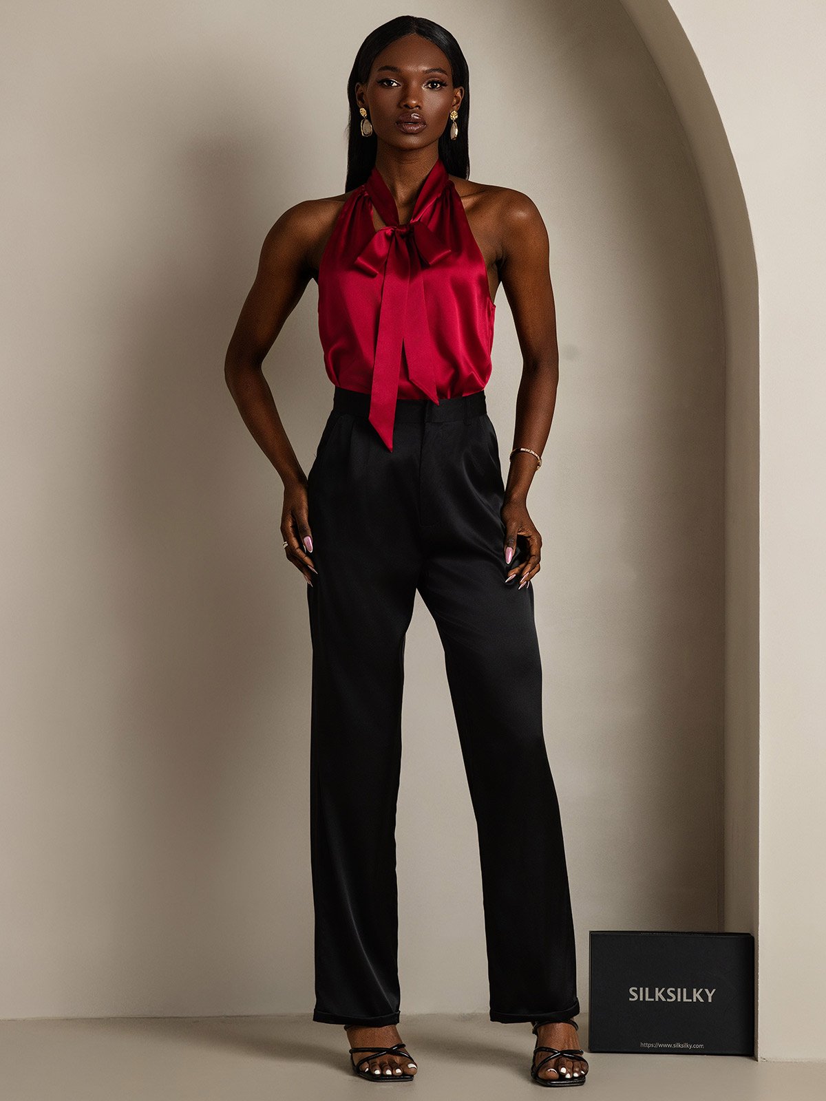 Silk Sleeveless Tie Neck Blouse