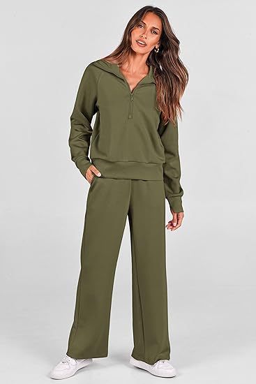 2025 New Women's Two-Piece Casual Set: Collared Half-Zip Sweatshirt paired with wide-leg pants, perfect for casual travel and vacation wear.
