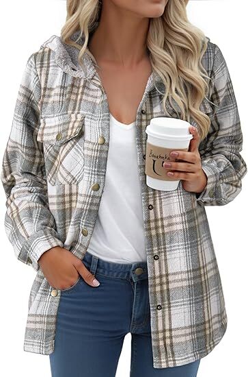 Women's Plaid/Houndstooth Print Button Front Hooded Coat, Casual Long Sleeve Pocket Coat