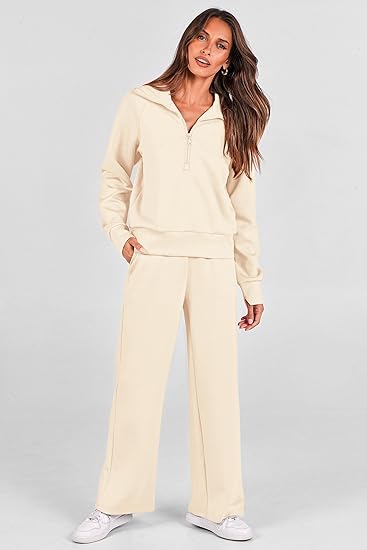 2025 New Women's Two-Piece Casual Set: Collared Half-Zip Sweatshirt paired with wide-leg pants, perfect for casual travel and vacation wear.