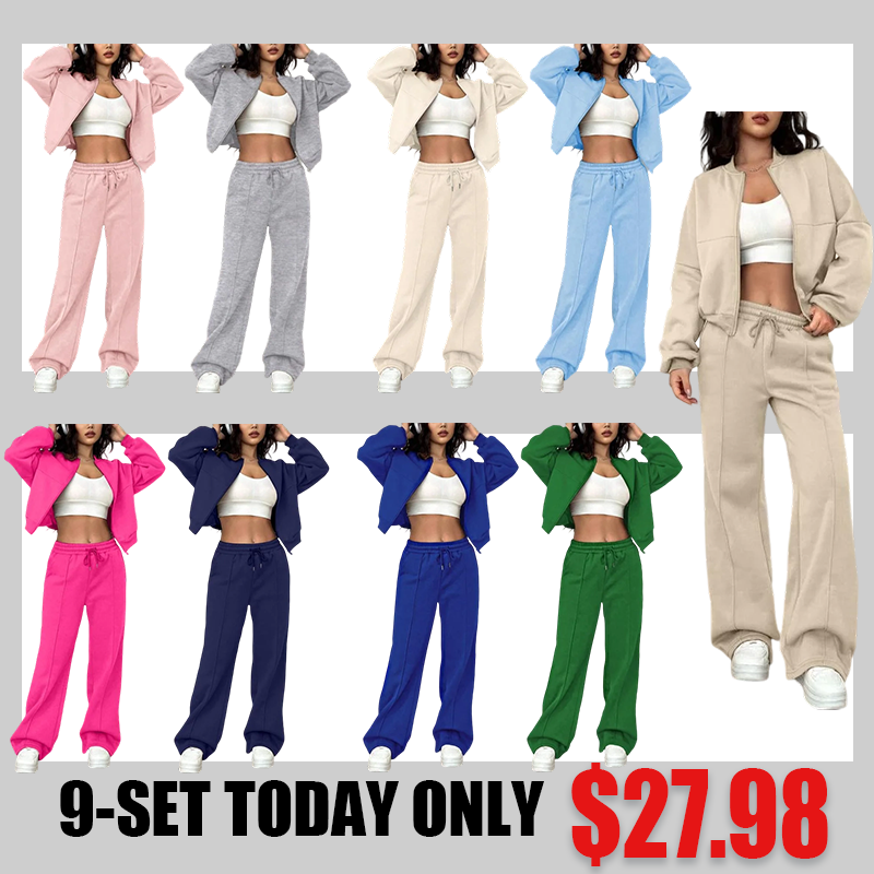 Two-piece Set Women's Solid Zip Up Drop Shoulder Jacket
