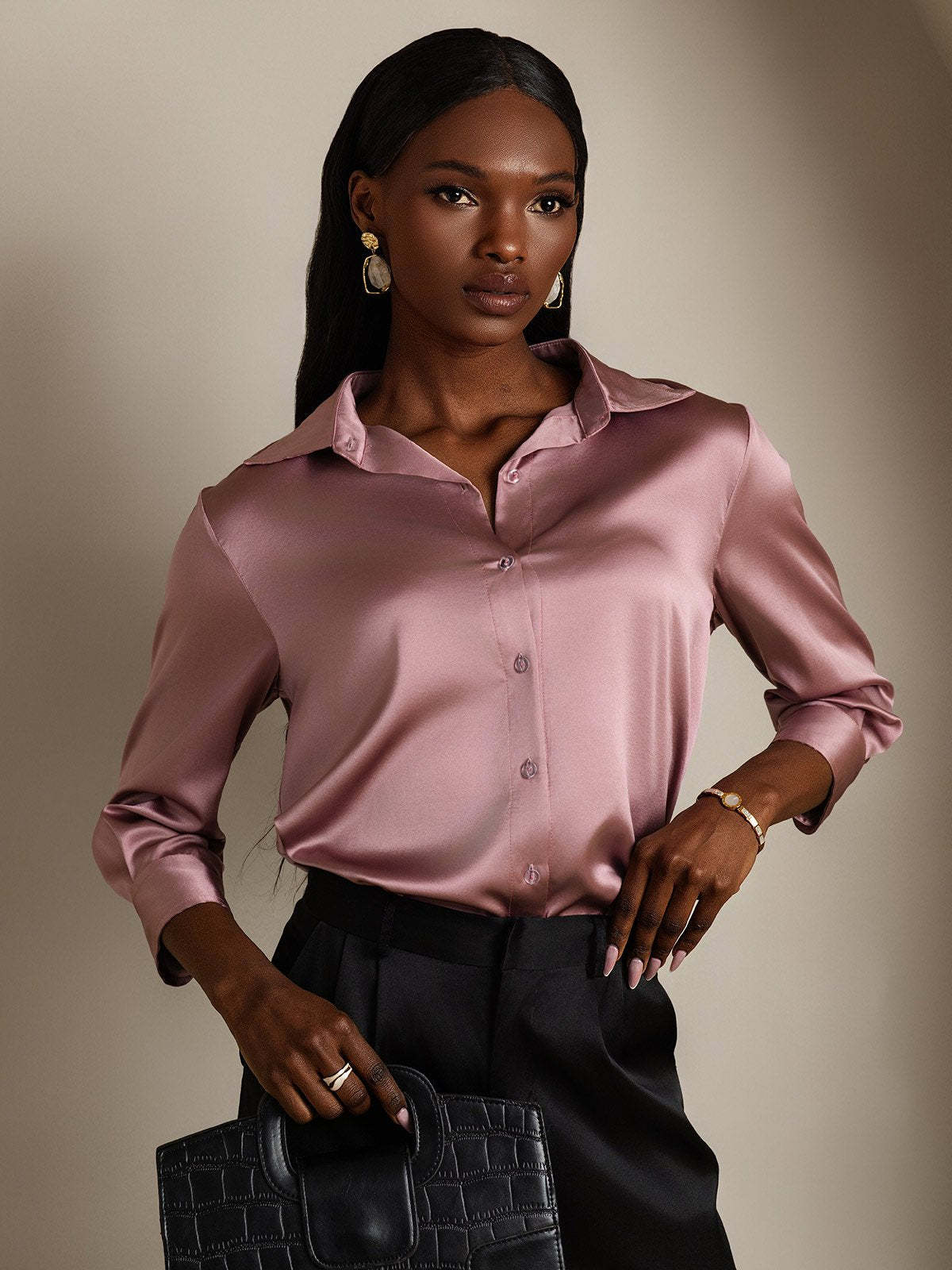 19Momme Silk 3/4 Sleeve Lapel Collar Women's Shirt with Button Up Design