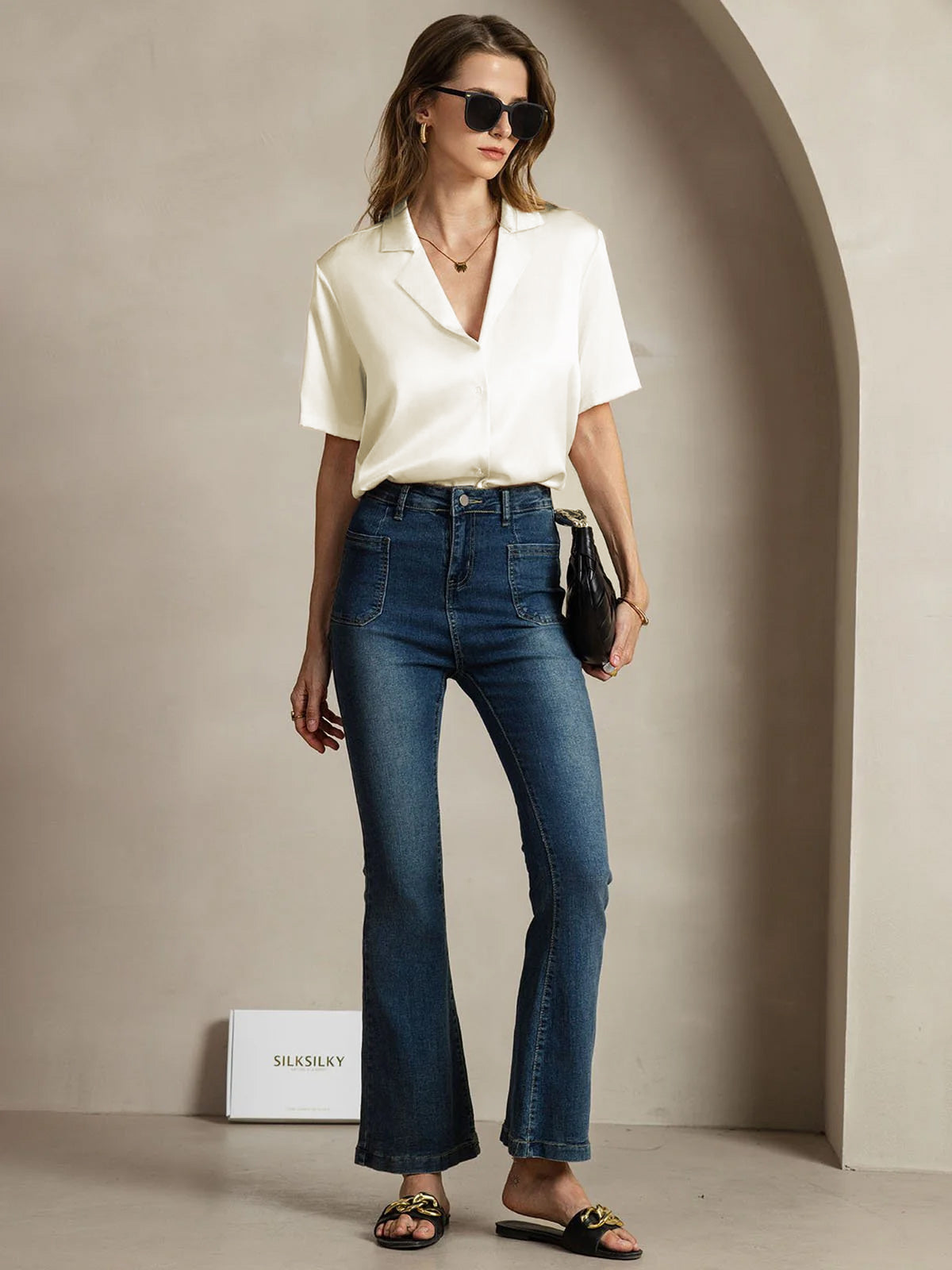 Silk Short Sleeve Notched Lapel Women's Shirt with Button Up Design