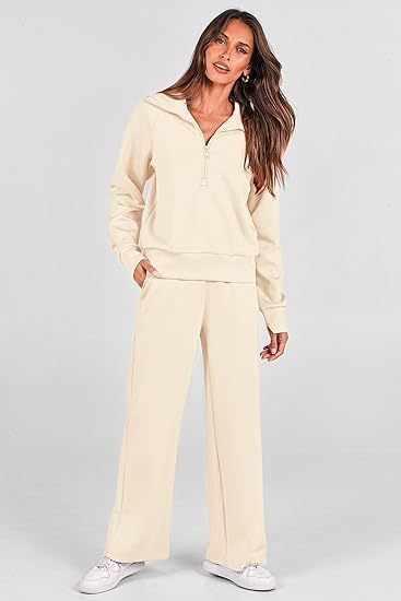 2025 New Women's Two-Piece Casual Set: Collared Half-Zip Sweatshirt paired with wide-leg pants, perfect for casual travel and vacation wear.
