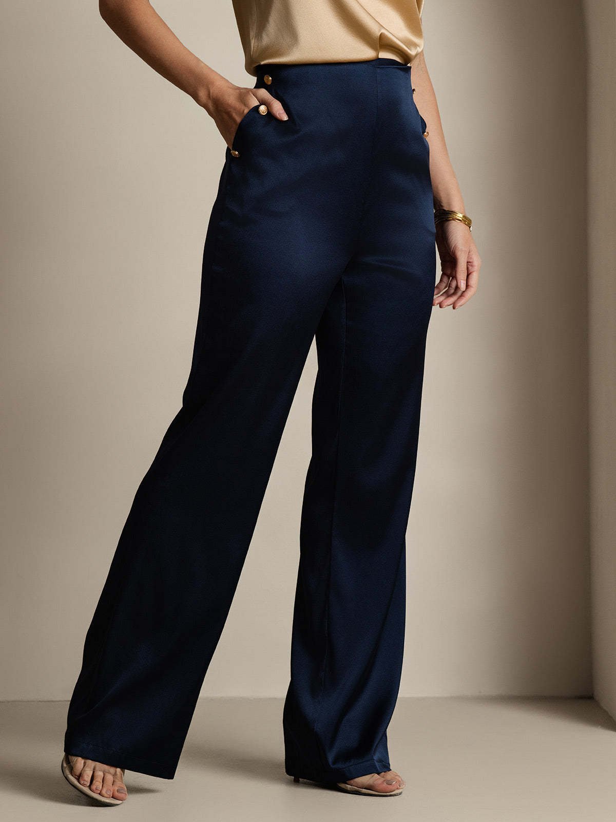 Women's Silk High Waist Pants with Back Elastic Waist Design