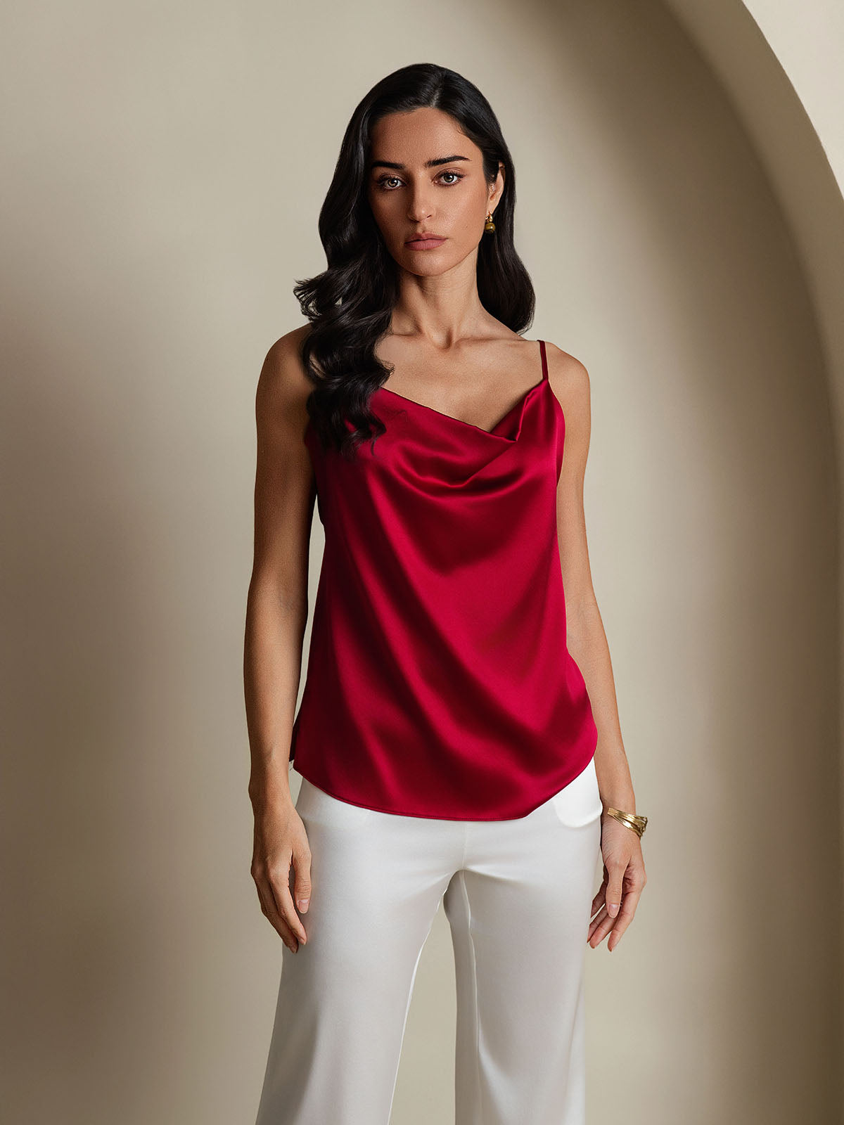 Silk Spaghetti Strap Cowl Neck Camisole Top