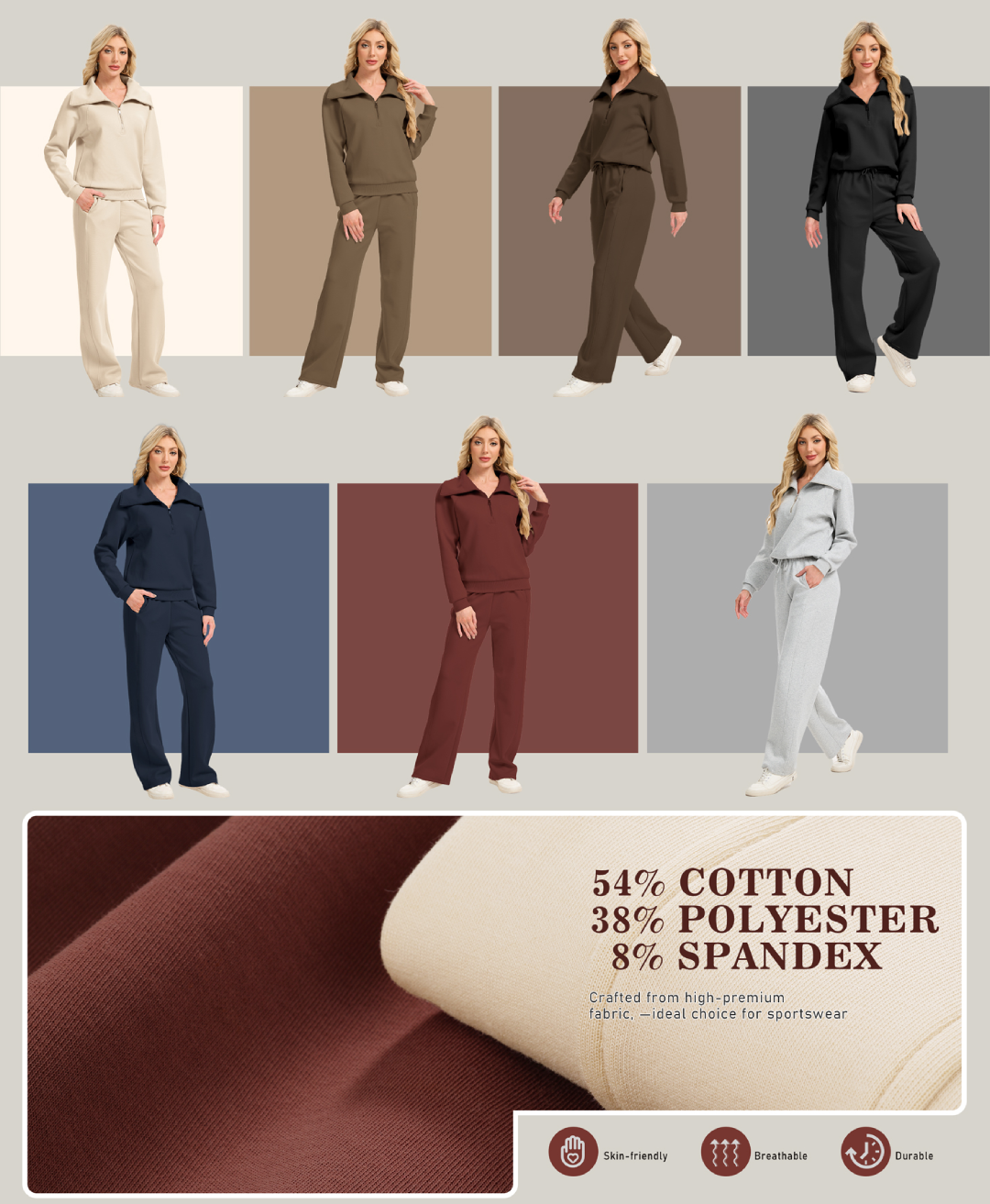 2025 New Women's Two-Piece Casual Set: Collared Half-Zip Sweatshirt paired with wide-leg pants, perfect for casual travel and vacation wear.