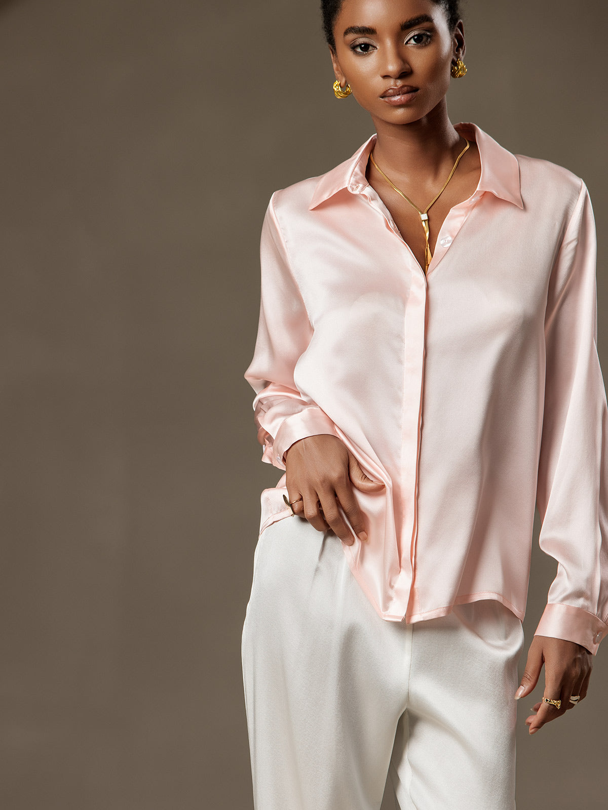 Silk Long Sleeve Lapel Collar Women's Shirt