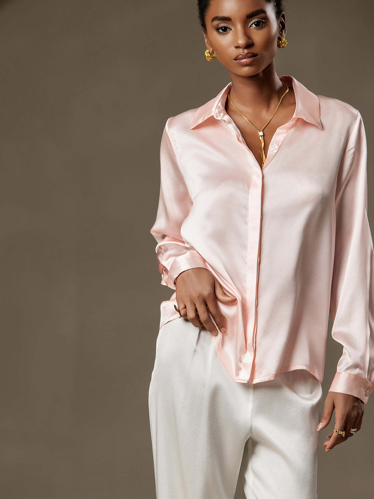 Silk Long Sleeve Lapel Collar Women's Shirt