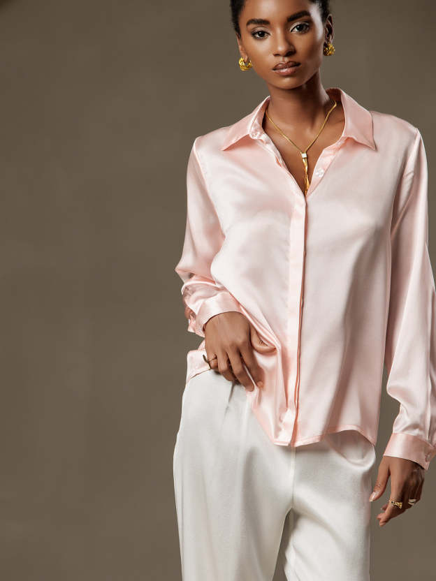Silk Long Sleeve Lapel Collar Women's Shirt