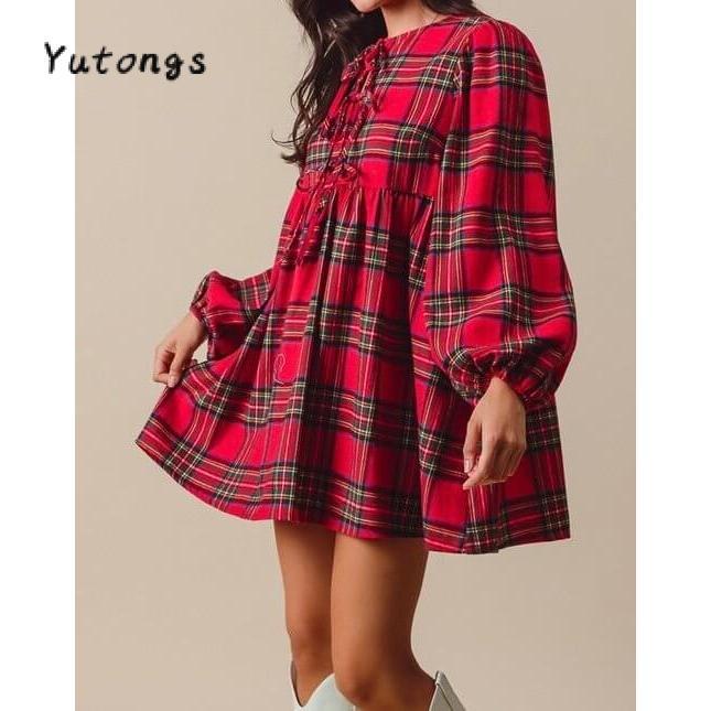 TikTokShopBlackFriday Womens Bow Long Sleeve Plaid Shift Tunic Dress Ruffle Hem Casual Swing Babydoll Mini Dress