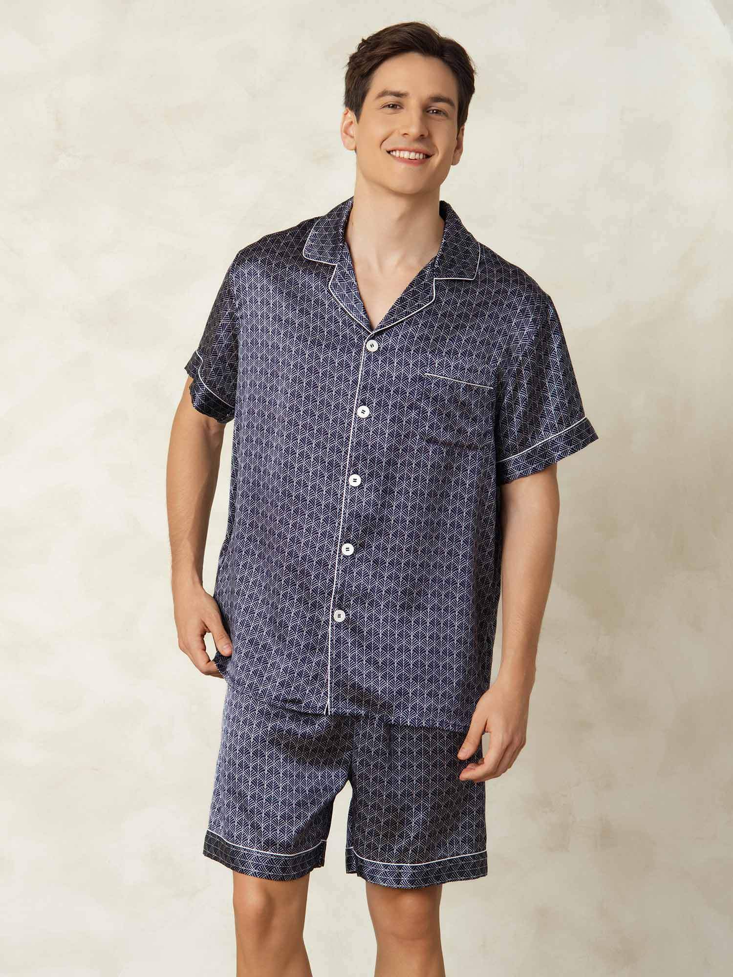 Pure Silk Geometric Pattern Men's Short Pajamas 2Pcs