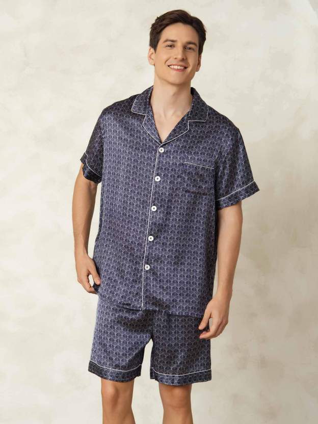 Pure Silk Geometric Pattern Men's Short Pajamas 2Pcs