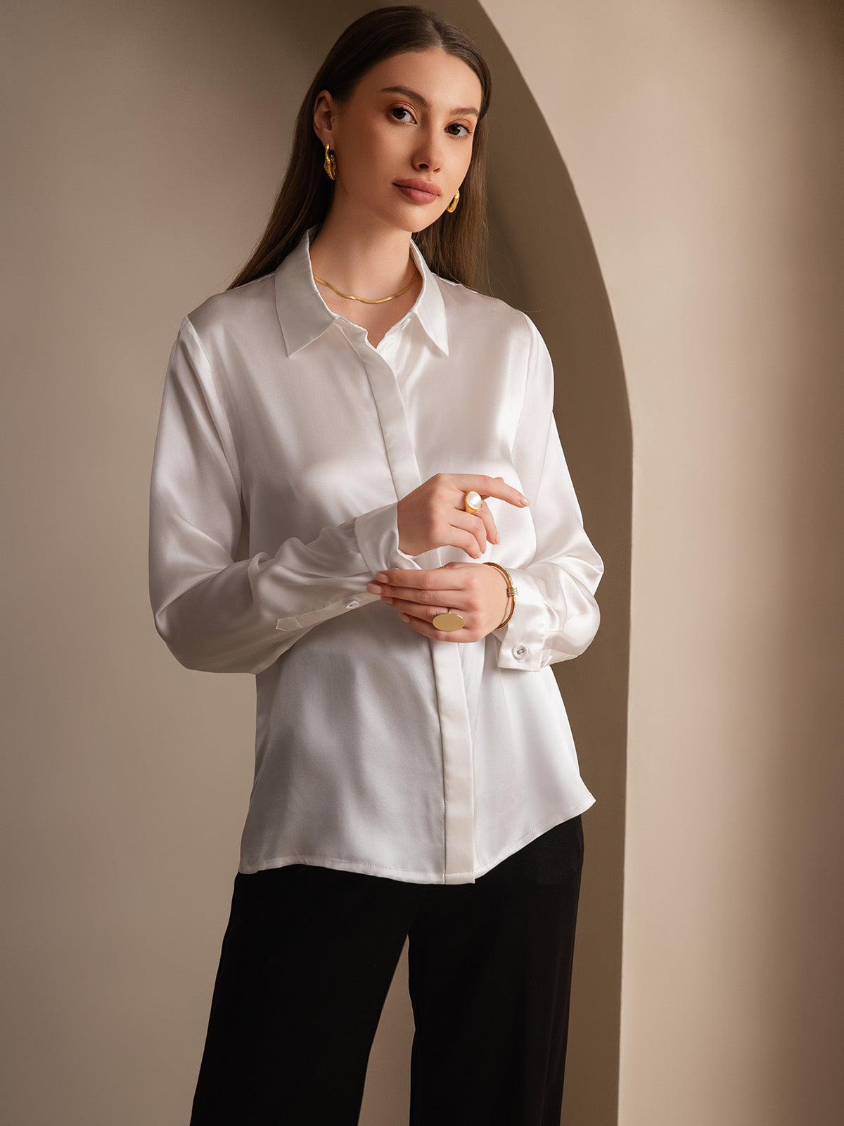 Silk Long Sleeve Lapel Collar Women's Shirt