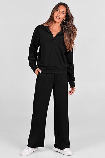 2025 New Women's Two-Piece Casual Set: Collared Half-Zip Sweatshirt paired with wide-leg pants, perfect for casual travel and vacation wear.